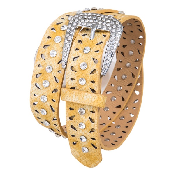 Yellow Snakeskin Genuine Leather Crystal Statement Belt - Picture 1 of 1